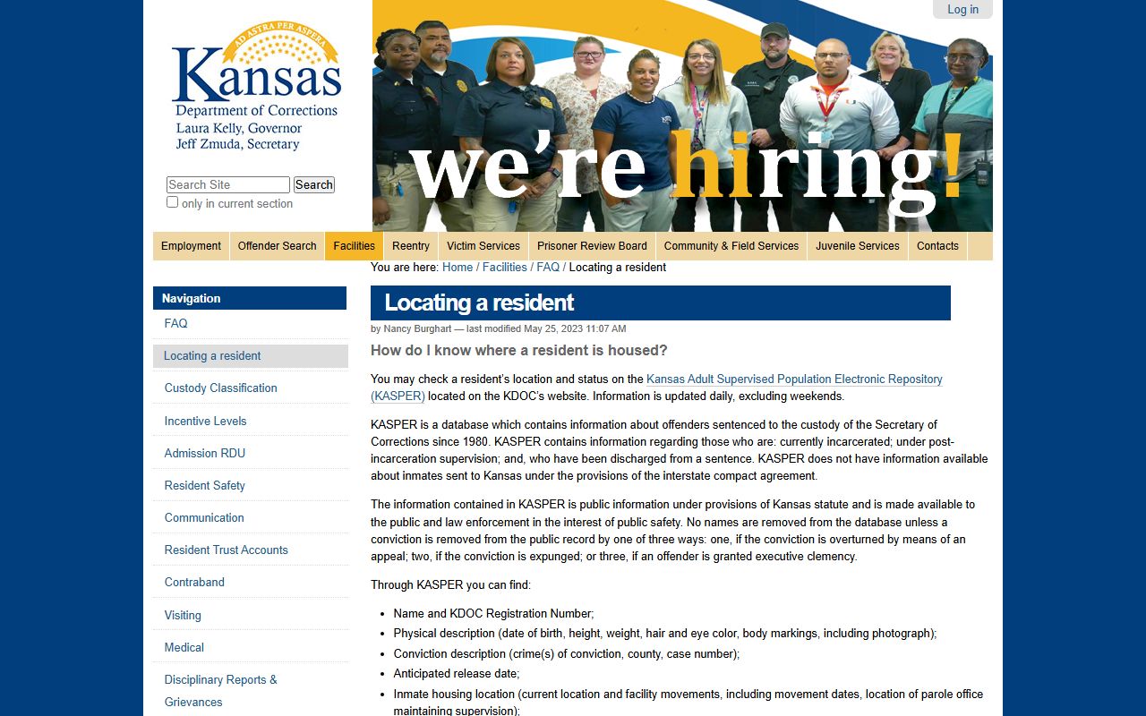 KDOC KASPER locator fields for Cheyenne County inmate records